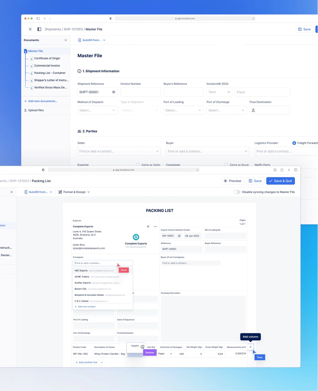 Master File Screen & Packing List Template Visual